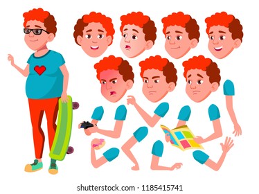 Teen Boy Vector. Teenager. Fun, Cheerful. Red Head. Fat Gamer. Face Emotions, Various Gestures. Animation Creation Set. Isolated Flat Cartoon Character Illustration