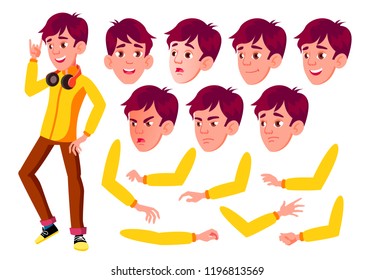 Teen Boy Vector. Teenager. Pretty, Youth. Face Emotions, Various Gestures. Animation Creation Set. Isolated Flat Cartoon Character Illustration
