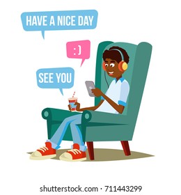 Teen Boy Vector. Teen Boy Texting With Cell Phone. Smart Phone Chatting Addiction. Cartoon Character Illustration
