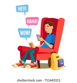Teen Boy Vector. Young Teen Boy Smiling. Teens Chatting On Messenger. Flat Cartoon Illustration
