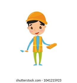 Teen boy in waistcoat with reflective strips and protective helmet, holding brick and trowel. Little kid dressed as builder. Future aspirations and dream profession. Flat vector