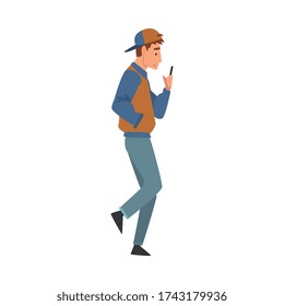 Teen Boy Walking Outside, Guy Looking at His Smartphone, Person Using Digital Gadget for Online Communication Vector Illustration