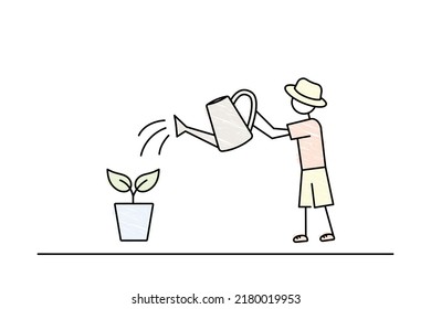 Teen Boy Is Watering The Plant, Environment Care, Day Of Earth, Save The Nature, Child Works In The Garden, Gardening Black Line Pencil Drawn Vector Illustration