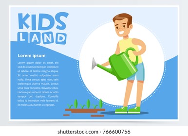 Teen boy watering plants with a watering can, eco concept, organic gardening, kids land banner flat vector element for website or mobile app