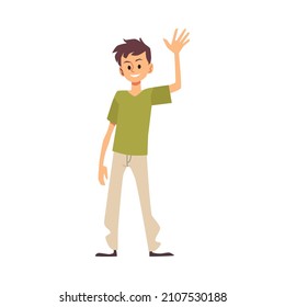 Teen Boy Waving Hand Welcoming Family Or Friends. Schoolboy Child Cartoon Character In Flat Vector Illustration Isolated On White Background. Greeting Gesture, Saying Hi, Goodbye