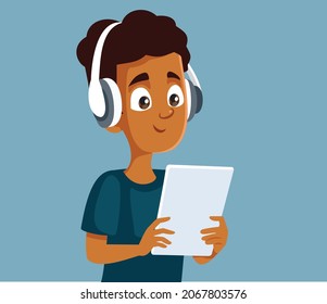 Teen Boy Wearing Headphones Holding Tablet PC Vector Cartoon. Young teenager distance learning and communicating using a touchpad
