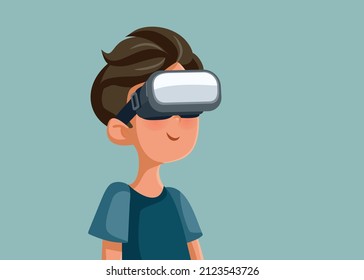 
Teen Boy Wearing VR Glasses Vector Cartoon Illustration. Funny teenager playing 3d games in augmented reality
