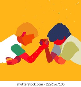 Teen boys Arm wrestling. Teenage rivalry. Vector illustration
