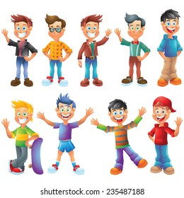 Teen boys, cartoon characters set isolated