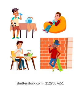 Teen Boys Drinking Water And Beverage Set Vector. Teenagers Drink Water After Soccer And Skateboarding Sportive Exercise, Sitting In Armchair And Enjoy. Characters Flat Cartoon Illustrations