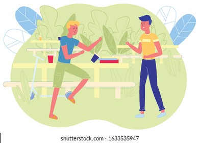 Teen Boys Fight During Lunch at School, Banner. Classmates get Angry at Each Other and Shouting in Schoolyard. Near Dining Table with Bench Stands Scooter one Boys. In Background Large Leaves.