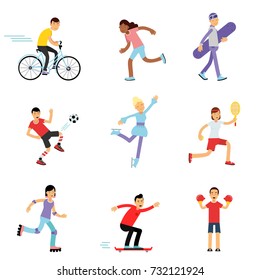 Teen boys and girls engaging in different sports activities, sportive children practicing in class gym and outdoors cartoon vector Illustrations