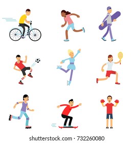 Teen boys and girls engaging in different sports activities, sportive children practicing in class gym and outdoors cartoon vector Illustrations