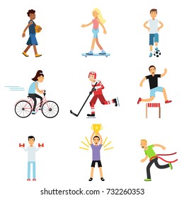 Teen boys and girls engaging in different sports activities, active lifestyle, sportive children practicing in class gym and outdoors cartoon vector Illustrations
