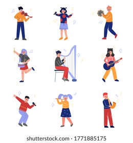 Teen Boys and Girls Playing Different Musical Instruments and Singing, Talented Musicians Characters Playing Guitar, Violin, Drum, Flute, Saxophone, Harp, Guitar, Tambourine Vector Illustration