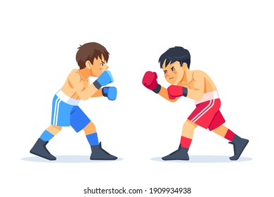 Teen Jungen beginnen Boxfähigkeiten zu trainieren. Freunde tragen Handschuhe und kämpfen. Sport, Martial Arts Concept Cartoon Vektorgrafik einzeln auf weißem Hintergrund.