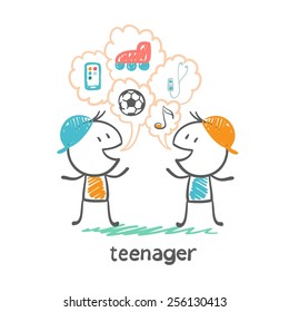 teen boys talking on mobile, roller, ball, music player illustration