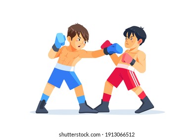 Teen boys training boxing skills. Friends wearing gloves, fighting. Sport, martial arts concept cartoon vector illustration isolated on white background.