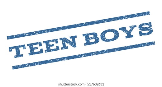 Teen Boys watermark stamp. Text tag between parallel lines with grunge design style. Rubber seal stamp with scratched texture. Vector cobalt blue color ink imprint on a white background.