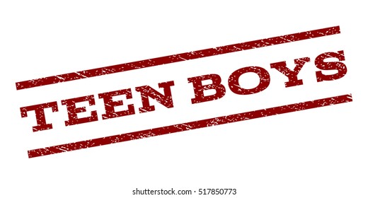 Teen Boys watermark stamp. Text tag between parallel lines with grunge design style. Rubber seal stamp with scratched texture. Vector dark red color ink imprint on a white background.