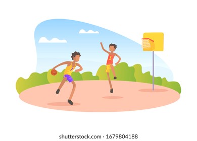 Teen Boys Wearing Uniform Playing Basketball on Playground on Summer Landscape Vector Illustration