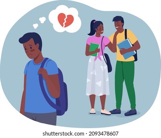 Teen with broken heart 2D vector isolated illustration. Rejected schoolboy and smiling couple flat characters on cartoon background. Experience of rejection. High school relationship colourful scene