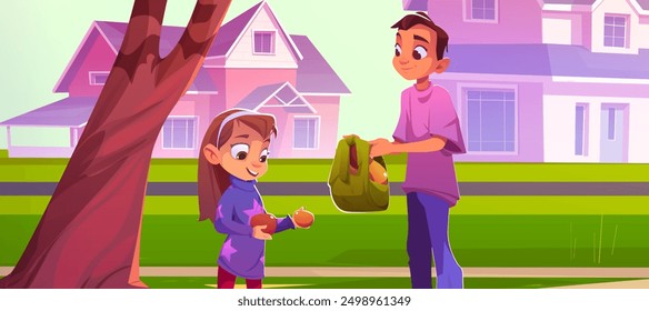 Teen brother giving apple to little sister. Vector cartoon illustration of boy taking care of girl, helping with backpack, family support, suburban town street with houses, green lawn and trees