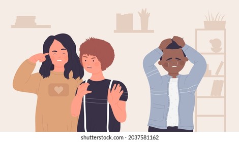 Teen bullying conflict in school, children mocking vector illustration. Cartoon aggressive friend teenager characters mock unhappy sad crying boy, two anger students bully, mockery problem background