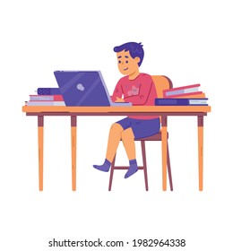 Teen Cartoon Character Sitting At Desk With Computer And Books, Flat Vector Illustration Isolated White Background. Online Education And Homeschooling For Children.