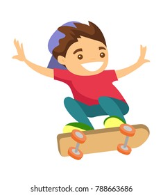 Teen caucasian white skateboarder boy in baseball cap having fun while riding a skateboard. Outdoor sport and active leisure activities. Vector cartoon illustration isolated on white background.