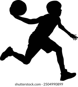 a teen child are play basket ball with jumping , vector silhouette, isolated white background.