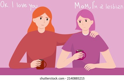 Teen commits Coming out. The girl tells her mom that she is a lesbian. Mom accepts her daughter's orientation. The relationship of LGBTQ+ people with their family. Support. Flat vector illustration