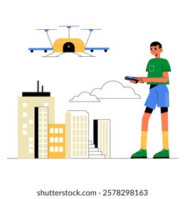 Teen Controlling Drone In Flat Vector Illustration Symbolizing Remote Technology, Robotics, And Urban Exploration, Isolated On White Background