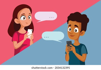 Teen Couple Exchanging Love Messages Vector Cartoon. Happy teen boy and girl chatting online on social media and flirt
