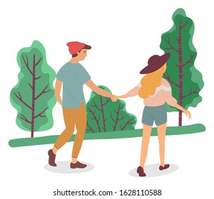 Teen couple on date in park or forest. Lady and guy hold each other hands and walking through lawn. Summer warm weather, beautiful landscape with green trees. Vector illustration in flat style