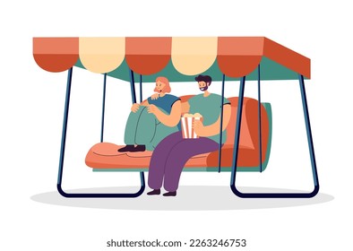 Teen couple sitting on garden swing vector illustration. Happy man with popcorn hugging girlfriend and watching movie or talking. Outdoor date night on white background. Love, Valentines day concept