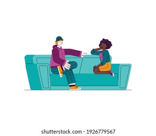 Teen couple sitting on green sofa and talking - young woman and man looking at each other while relaxing on living room couch. Flat isolated vector illustration.