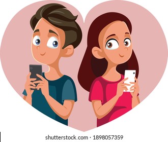 Teen Couple Texting Each Other Vector Cartoon. Girlfriend and boyfriend talking to each other online
