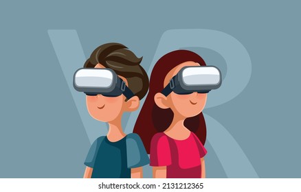 
Teen Couple Wearing VR Glasses Vector Illustration. Young people entering virtual simulation having fun playing around
