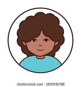 teen with curly hair portrait cartoon, round line icon vector illustration