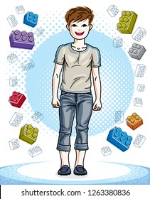 Teen cute little boy standing wearing fashionable casual clothes. Vector beautiful human illustration. Fashion theme clipart.