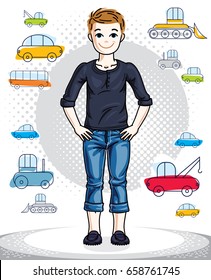 Teen cute little boy standing in stylish casual clothes. Vector pretty nice human illustration. Childhood lifestyle clip art.