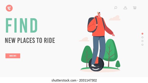 Teen Cyclist Riding Unicycle Landing Page Template. Outdoors in Summer Active and Healthy Lifestyle, Ecology Wheeled Transport in Town, Teenager Male Character Rider. Cartoon Vector Illustration