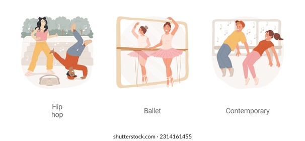 Teen dancing classes isolated cartoon vector illustration set. Breakdance and hip hop, outdoors with boombox, ballerina stretching in ballet gym, classic ballet, contemporary dance vector cartoon.