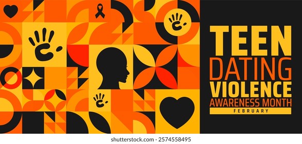 Teen dating violence awareness month geometric shape pattern background banner or poster design template. observed every year in February. Holiday concept. Use to any Template, card, poster, placard.