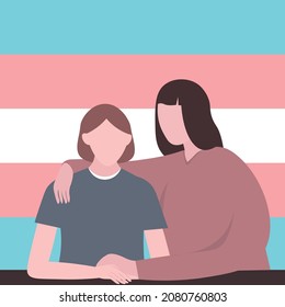 Teen does coming out as a non-binary transgender person. A mother supports her child in the decision to change gender. Vector flat illustration