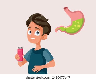 
Adolescente tomando refrescos que sufren de Ilustración vectorial de acidez estomacal. Niño pequeño sintiéndose hinchado e indispuesto después de una bebida carbonatada 
