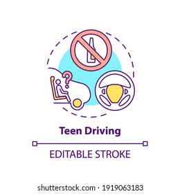 Teen Driving Concept Icon. Teenager Driver Safety. Accident Prevention. Caution To Prevent Danger. Child Safety Idea Thin Line Illustration. Vector Isolated Outline RGB Color Drawing. Editable Stroke