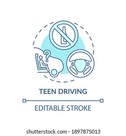 Teen Driving Turquoise Concept Icon. Teenager Driver Safety. Accident Prevention. Prevent Danger. Child Safety Idea Thin Line Illustration. Vector Isolated Outline RGB Color Drawing. Editable Stroke