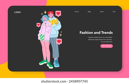 In: Teen Fashion Trends Set. Junge Paare in trendiger Kleidung, die Identität und Stil mit Zuversicht ausdrücken. Fashion-Forward, zeitgenössische Jugendkultur, liebevolle Verbindung. Vektorillustration.